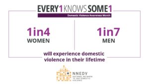 This is a photo detailing that everyone knows someone who has been impacted by domestic violence, with 1 in 4 women and 1 in 7 men experiencing it in their lifetime.