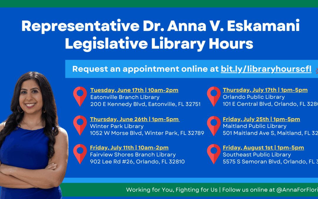 State Representative Dr. Anna V. Eskamani Announces Return of Onsite Constituent Services at Local Libraries